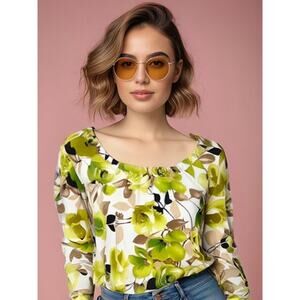 LINK Women's‎ Floral Long Sleeve Blouse Green Size Small Casual Spring Top